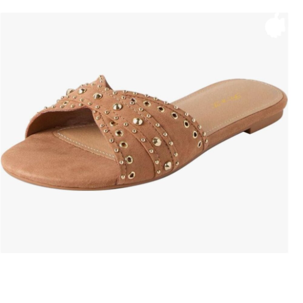 FOWT Brown Round Open Toe Mules Slip on Slippers Rivet Studded Comfortable Flat